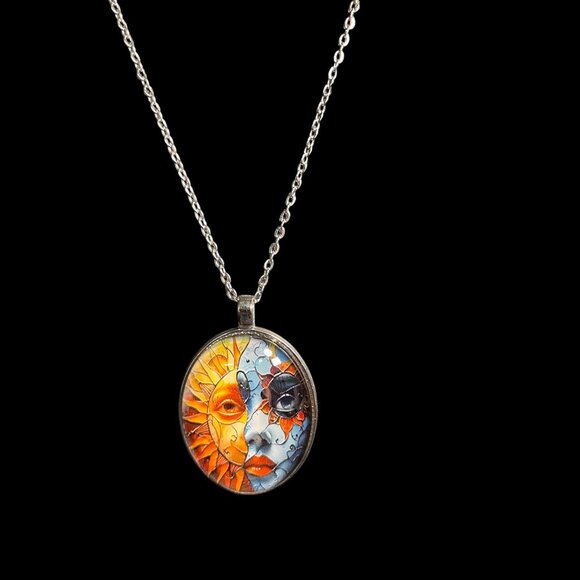 Sun Moon Face Pendant Necklace Celestial Art Fantasy Jewelry Silver Chain - Picture 3 of 7